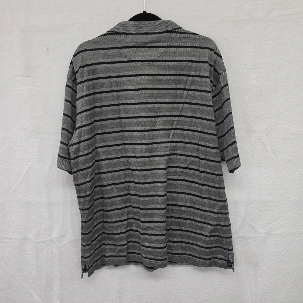 L‎ Haggar Tour Mens Large Grey Black Striped Mercerized Cotton Polo Short Slv